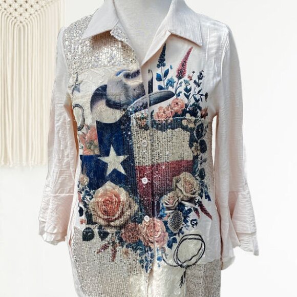 Origami by Vivien Texas Lone Star Sequin Blouse - Picture 1 of 7